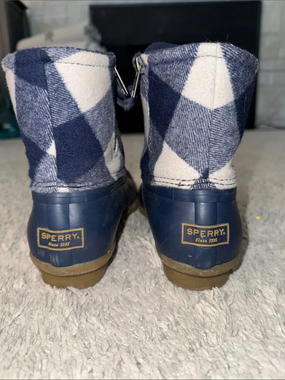 Sperry Navy and White Plaid Waterproof Duck Boots fall flannel cozy